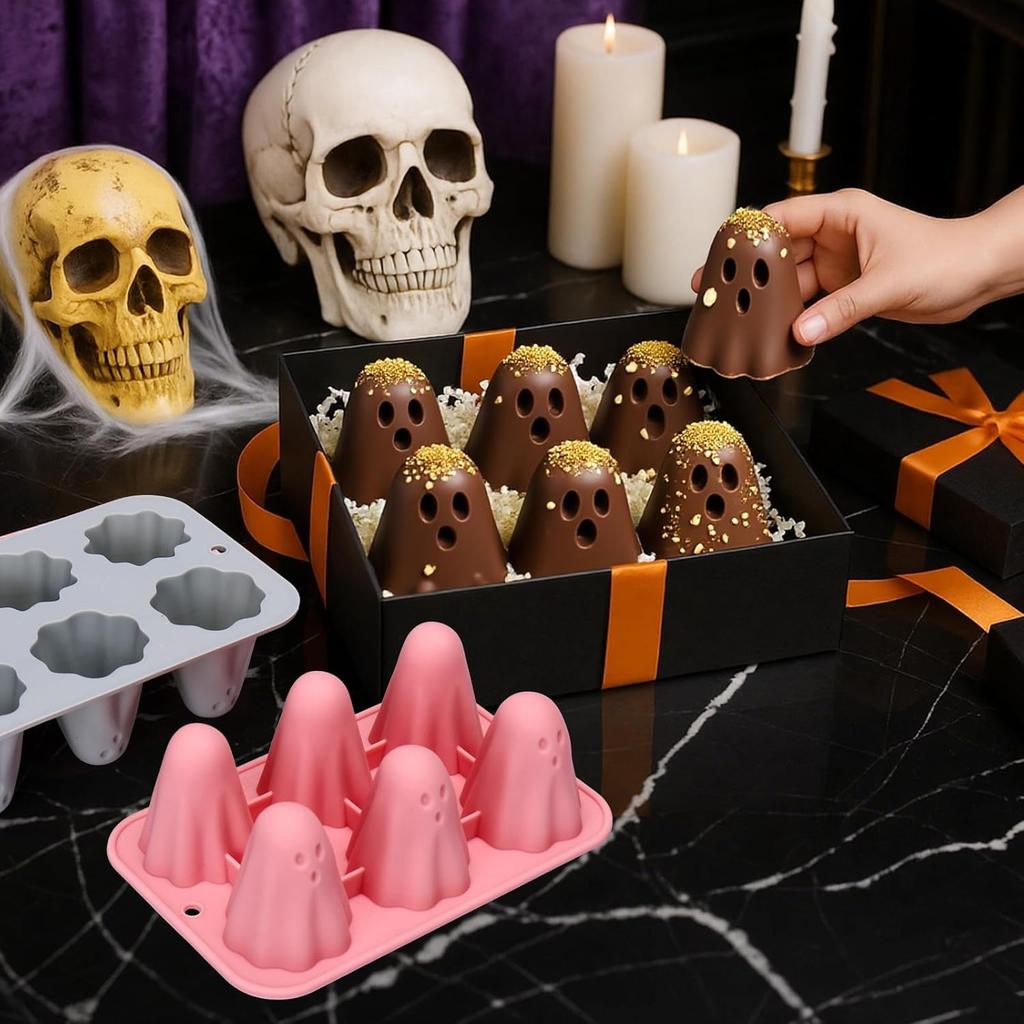 2Pcs Halloween Silicone Molds, 3D Ghost Silicone Mold for Food, Non-Stick Cute Ghost Cake Pop Mold for Jelly Chocolate Candy Gummy Crayon Resin