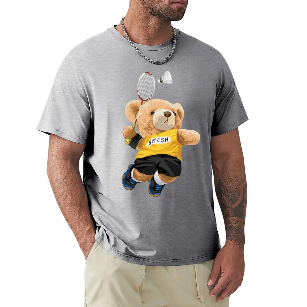 Teddy Bear Playing Badminton T Shirt Harajuku Short Sleeve T-shirt 100% Cotton Graphics Tshirt Tops