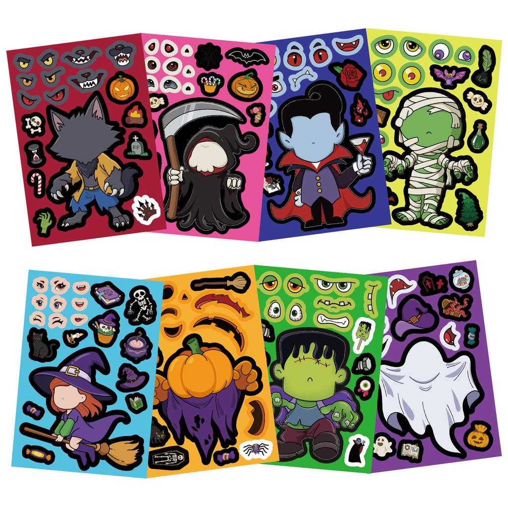 8 Sheets Make a Facial Puzzle Spooky Holiday PVC Sticker Children Celebration Favors Present Toy DIY Pumpkin Ghost Assemble Jigsaw Instructive