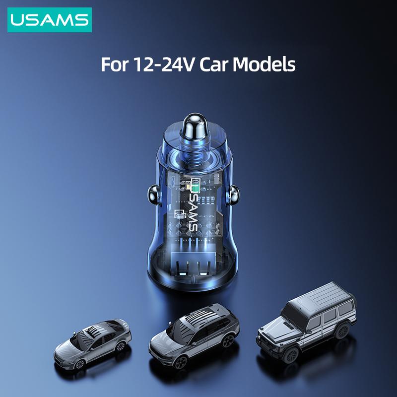 USAMS 5V 3A 15W Dual USB Car Charger Mini Car Quick Charger With Blue Ambient Light For iPhone 13 12 iPad Huawei Samsung Xiaomi
