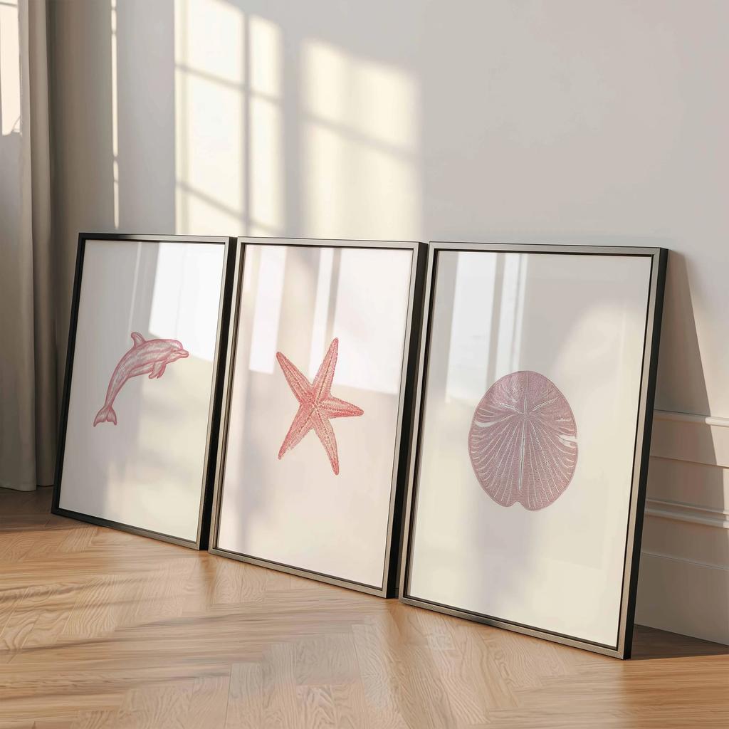 Set of 3 Pink Coastal Wall Art Prints,Dolphin Starfish Sand Dollar Poster Set,Minimal Ocean Beach Bathroom Decor kids room Decor