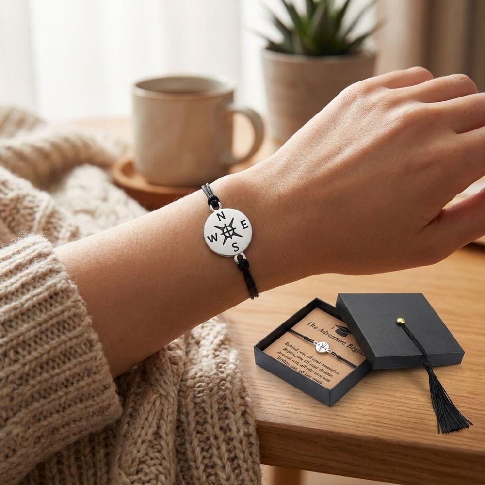 The Adventure Begins Graduation Compass Bracelet Hand Woven Doctoral Cap Gift Box Compass Charm Wristband Adjustable