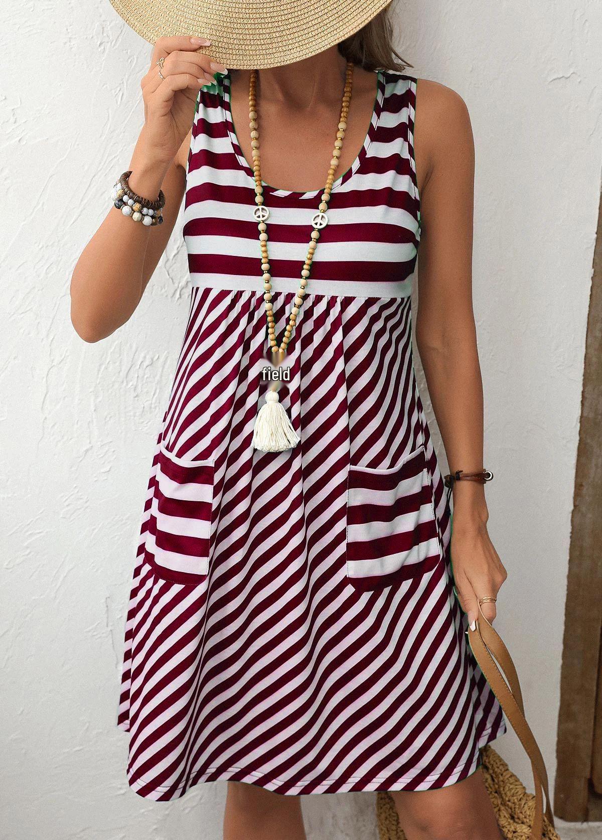 Plus Size Striped Summer Dress with U-Neck and Patchwork Pockets 5XL