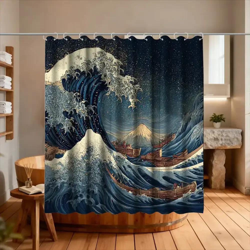 

A Bathroom Shower Curtain Featuring Japanese Ukiyo-E Prints, Perfect For An Extreme Surfing Festival. It Comes With 12 Hooks And W60H190(CM)-1 Pcs
