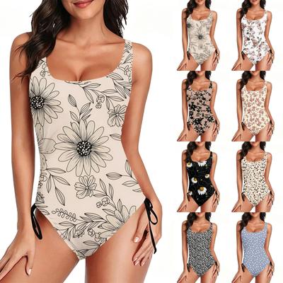 Women Swimsuit Scoop Neck Adjustable Side Tie Bathing Suit with Floral Print Soft Stretch Fabric Swimwear
