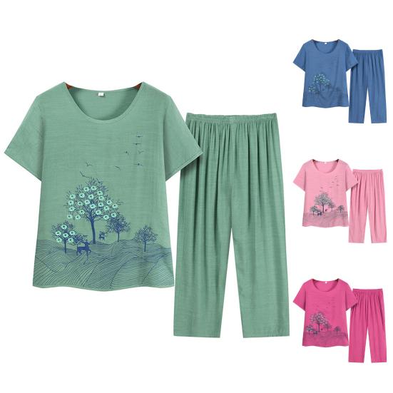 2 Pcs/Set Women Top Pants Set O Neck Round Necks Pullover Long Pants Deep Crotch Flower Print Grandma Style Elastic Waists Summer Pajamas Set for