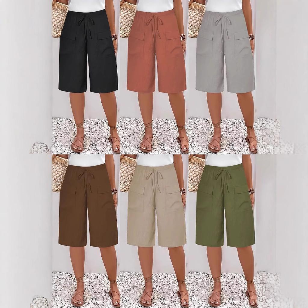 Women's Elastic Waist Bermuda Shorts Casual Loose Straight Leg Knee Length Pants