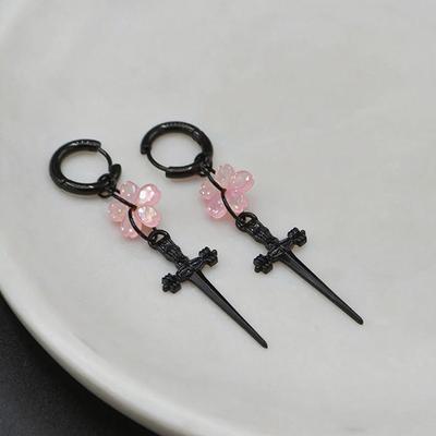 Black Sakura Blade Earrings Cherry Blossom Sword Pendant Small Hoop Earrings For Women Gothic Jewelry