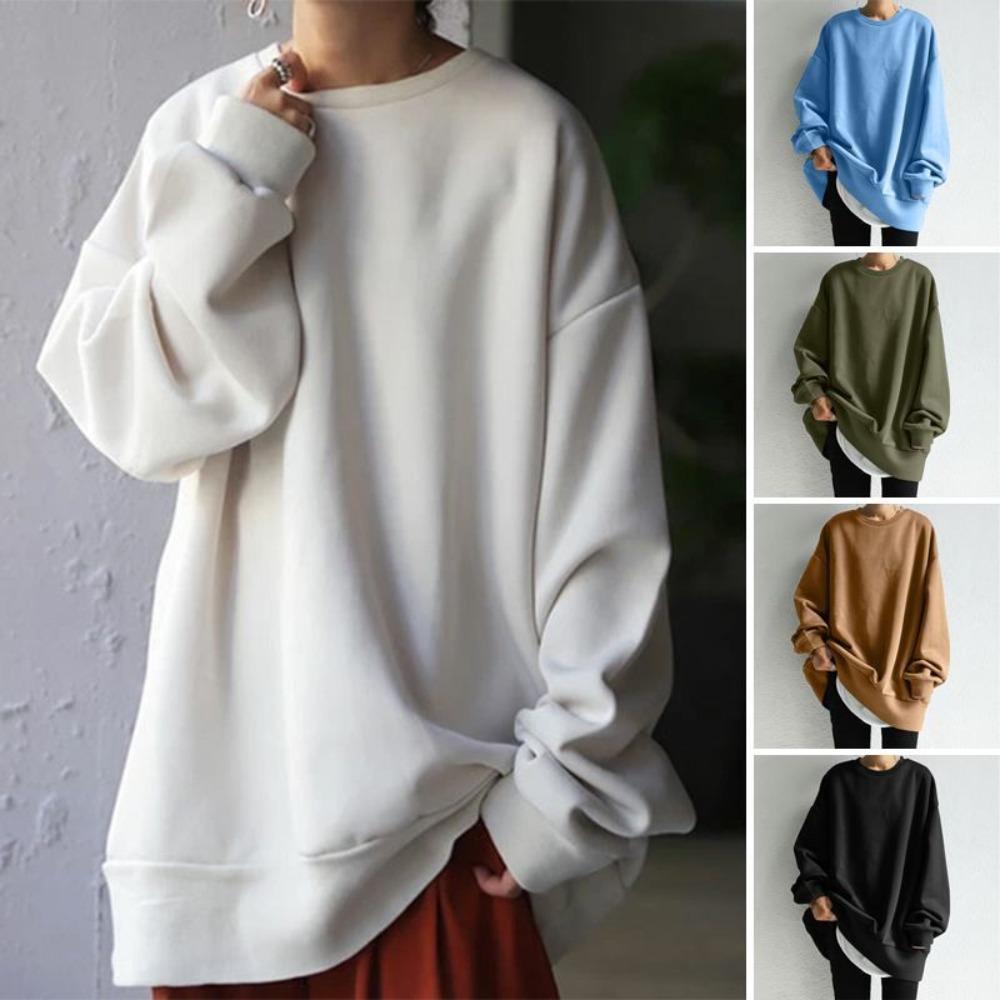 Sudadera de cuello redondo de manga larga para mujer, ajuste extragrande, lisa, informal, holgada, top tipo túnica, jersey