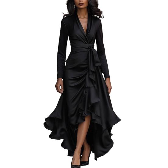 

Women s Satin V Long Sleeve Split A-Line Wrap Dress Dress Tie Waist Neck Ruffle M чорний