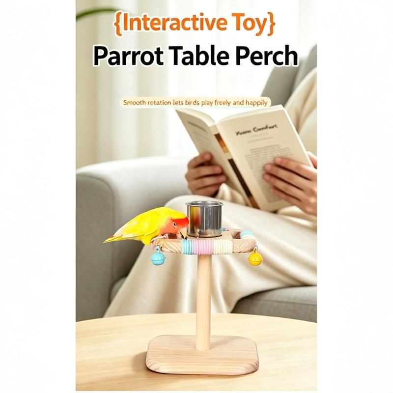Bird Bells Stand Perch for Small Pet Birds, Wooden Home Play Frame with Textured Top Bar and Rounded Wood Finish for Daily Use Indoors