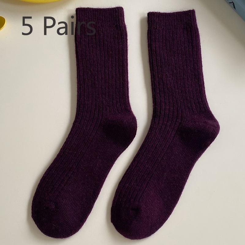5 Pairs of Women Autumn and Winter New Solid Color Wool Retro Warm Tube Stack Socks