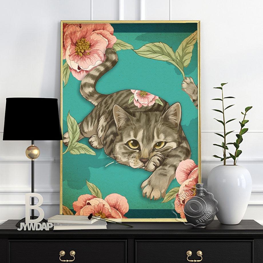 Cat Floral Leaf Wine Prints Poster, Animals Plant Art Canvas Painting, Vintage Cute Funy Home Restaurant Bedroom Kids Room Decor Gift No Frame