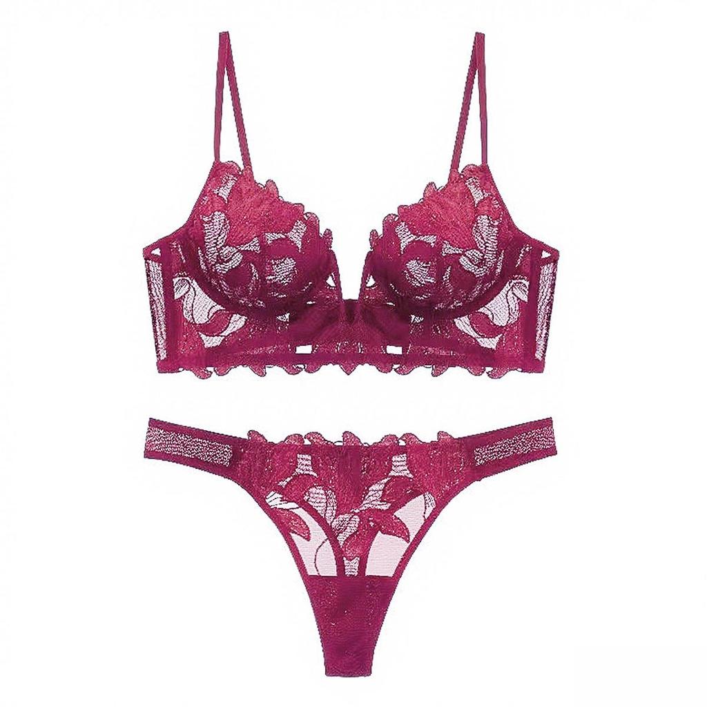"Sexy Deep V Embroidered Lace Push-Up Lingerie Set for Enhanced Curves"