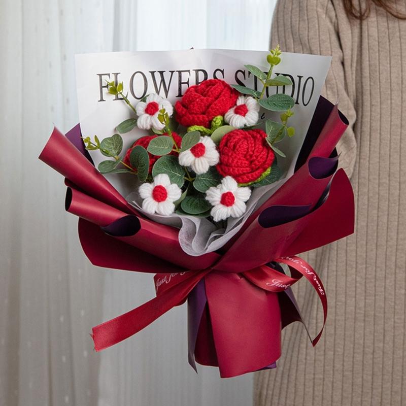 Häkelblumen-Sträuße mit Lichterkette und Geschenktüte Handgefertigte Gestrickte Sträuße Künstliche Rose für Muttertag Hochzeit