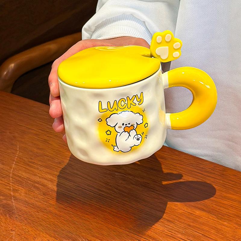 

Милая керамическая кружка для щенка с высоким взглядом с крышкой и ложкой Детская кружка Чашка для воды Женская парная чашка Подарок на день рождения 380ML