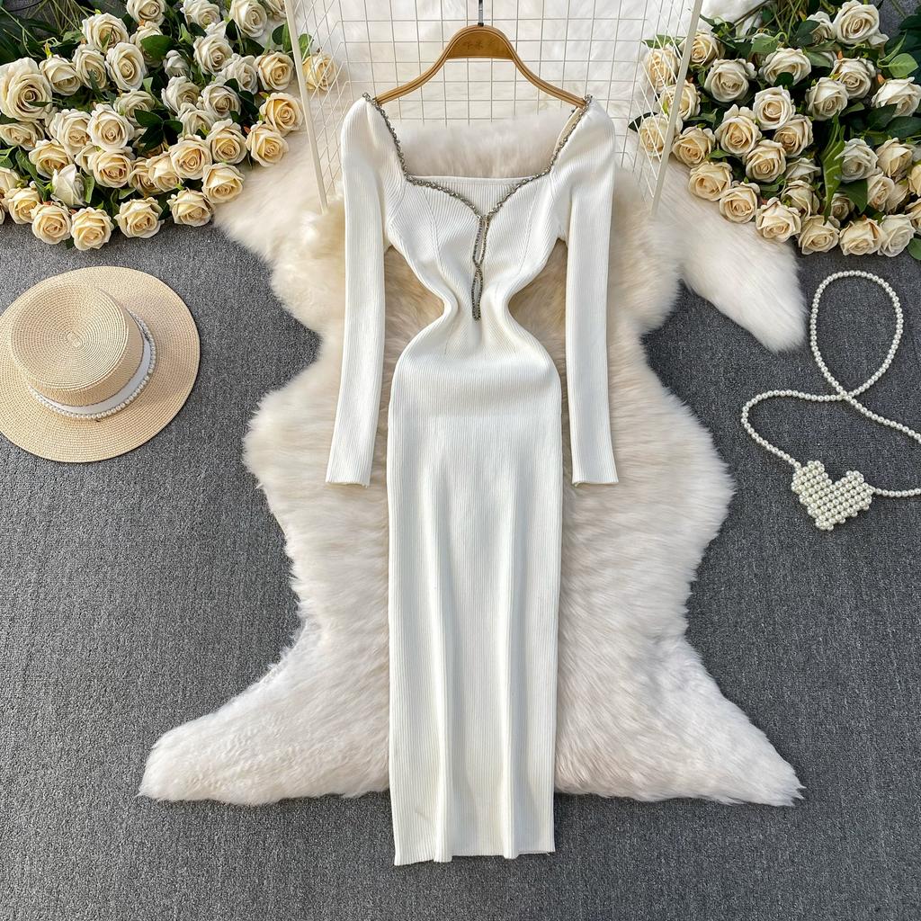 Autumn Spring Women Sexy Square Collar Luxury Beading Knitted Sweater Party Dress Long Midi Sheath Bodycon Sheath Dresses