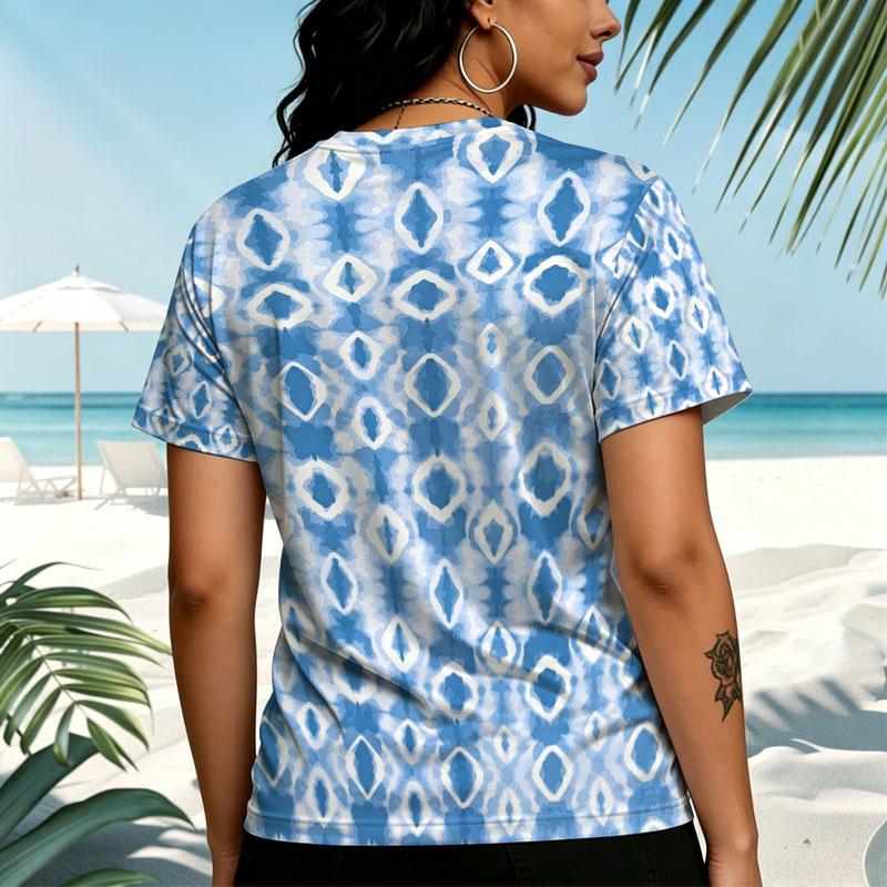 Women's Geometric Series Crew Neck Short Sleeve T-Shirt Korean Basic Comfy Tee for Daily Wear, Beach Vacations & Short Trips, Versatile Casual Top