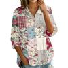 Women's Button Front Patchwork Floral Print Shirt Three Quarter Sleeve Loose Fit Blouse with Collar and V Neckline