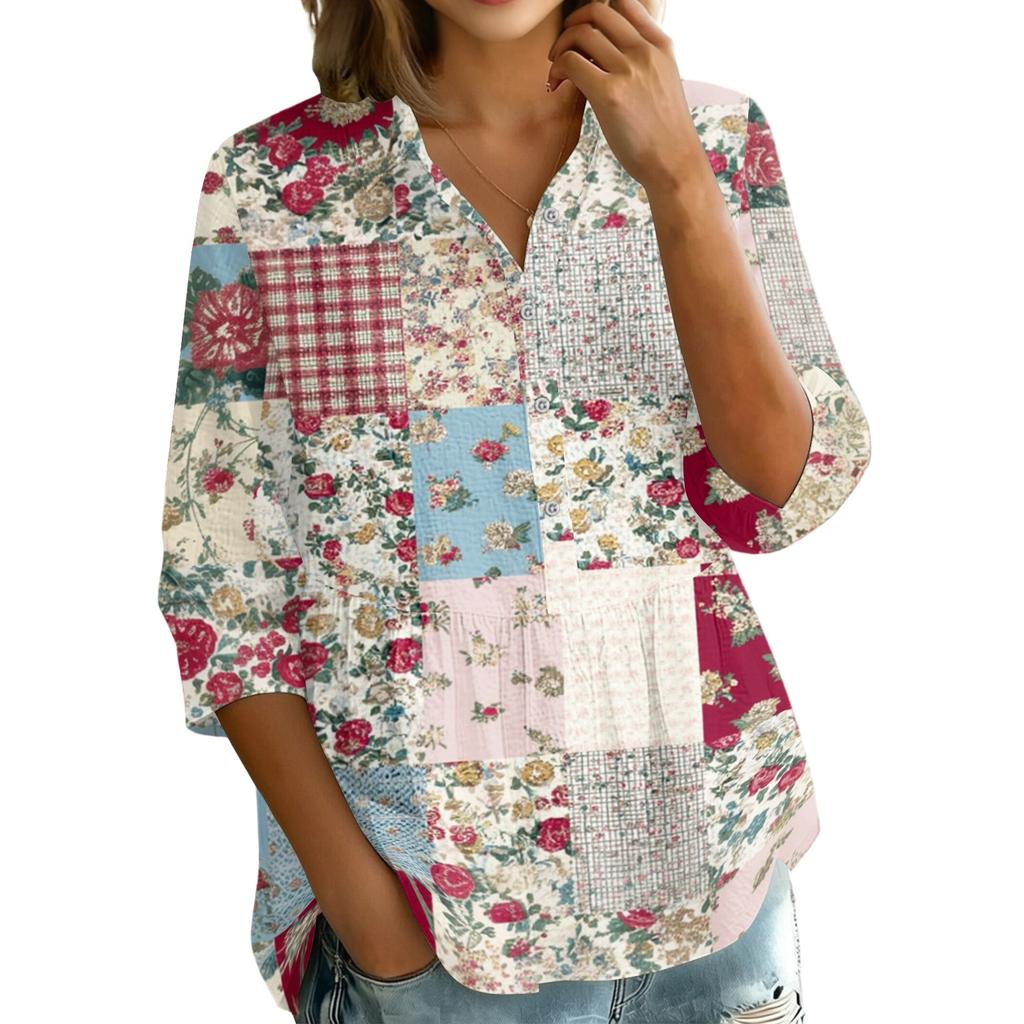 Women's Button Front Patchwork Floral Print Shirt Three Quarter Sleeve Loose Fit Blouse with Collar and V Neckline