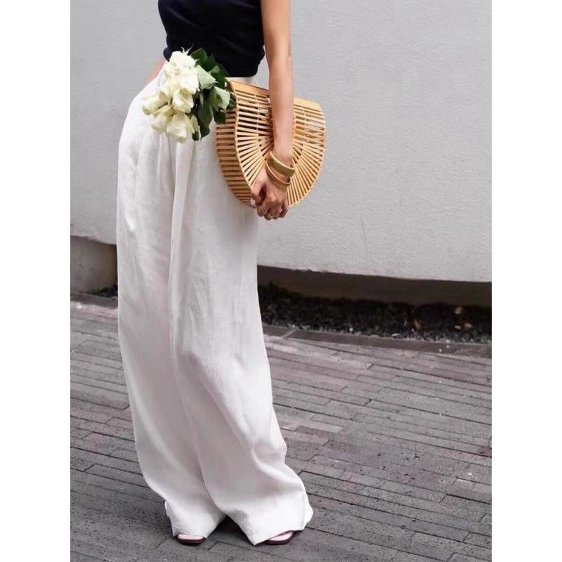 Chic Coffee-colored High-waisted Wide-leg Linen Pants for Women - Drapey, Stylish, and Casual Long Pants