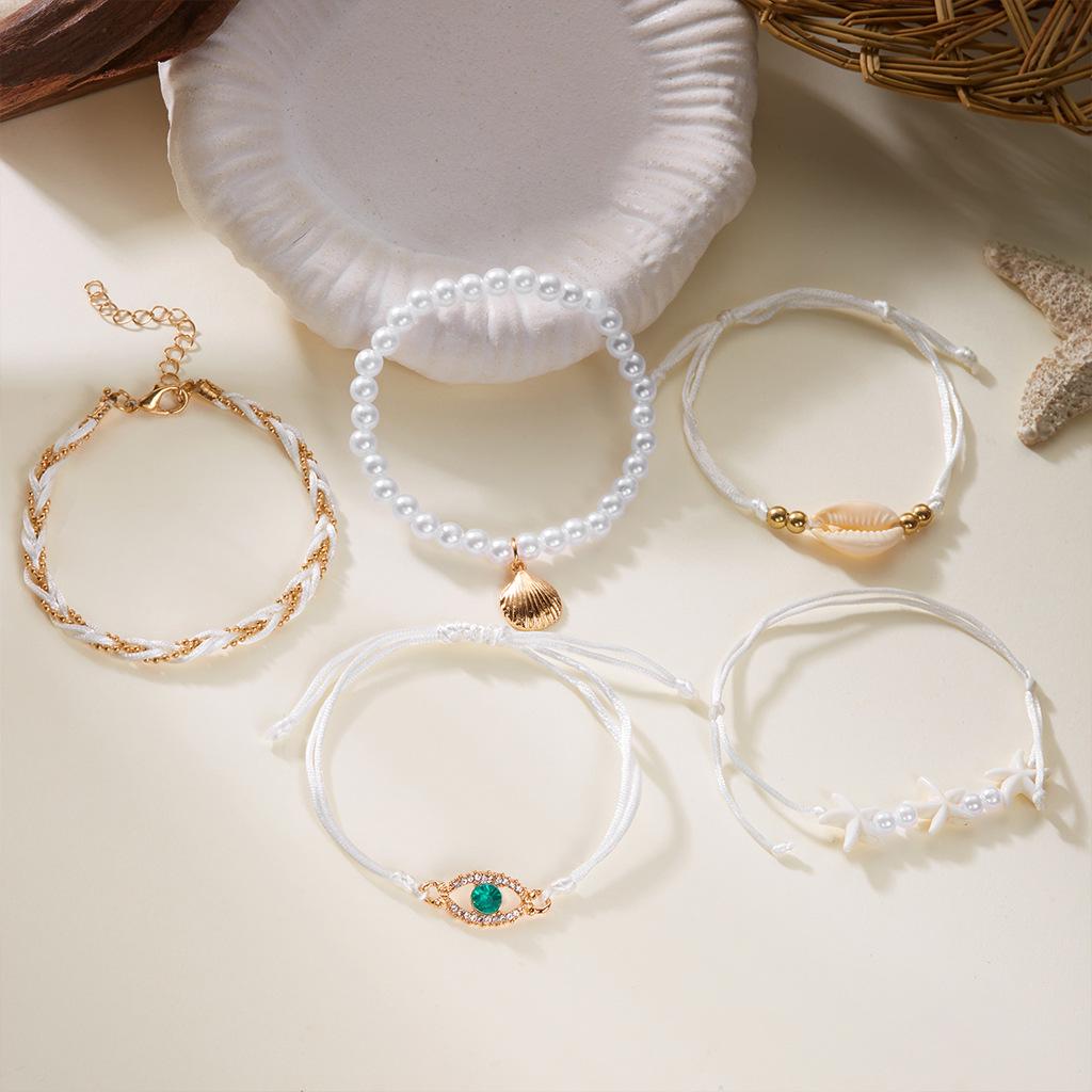 Bohemian Shell Starfish Pearl Bracelet Set – 5-Piece Collection