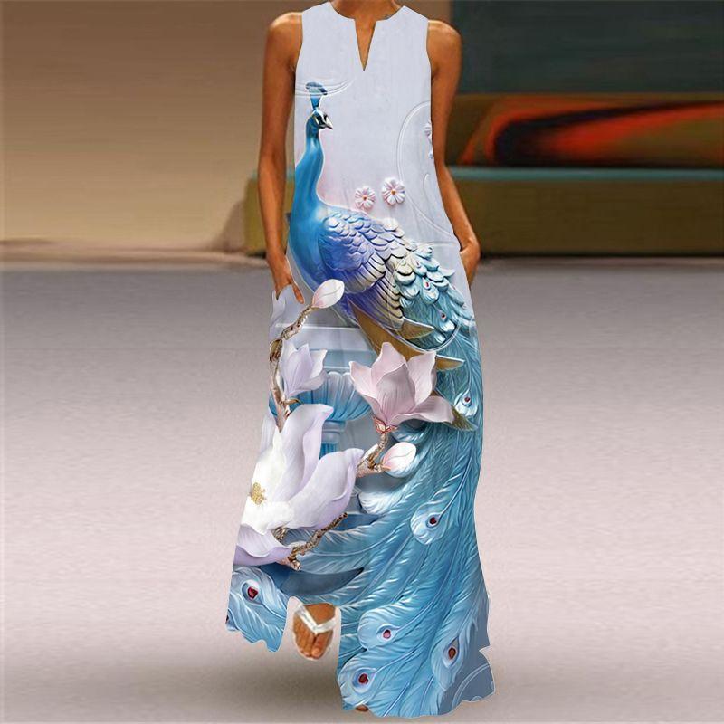 Dress Women 3D Print Peacock Dragon Big Elephant Horse Tiger Lion Animal Pattern Sleeveless Maxi Dress