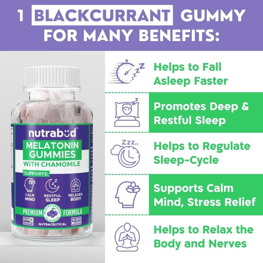 Nutrabud Melatonin 3mg Sleep Gummies For Men & Women, Natural Veg Supplement For Restful Deep Sleep - 60 Count Pack of 1