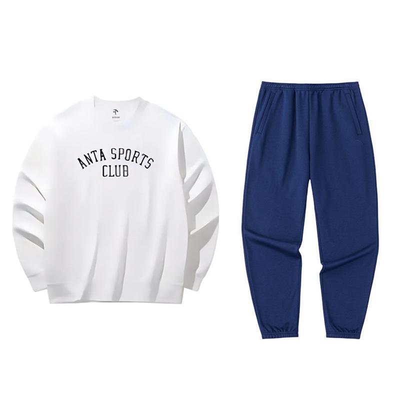 Anta Letter Print Loose Round Neck Sweatshirt Elastic Waist Cuffed Fleece Long Pants Casual Sports Suit 152448706N-1+952517307N-2