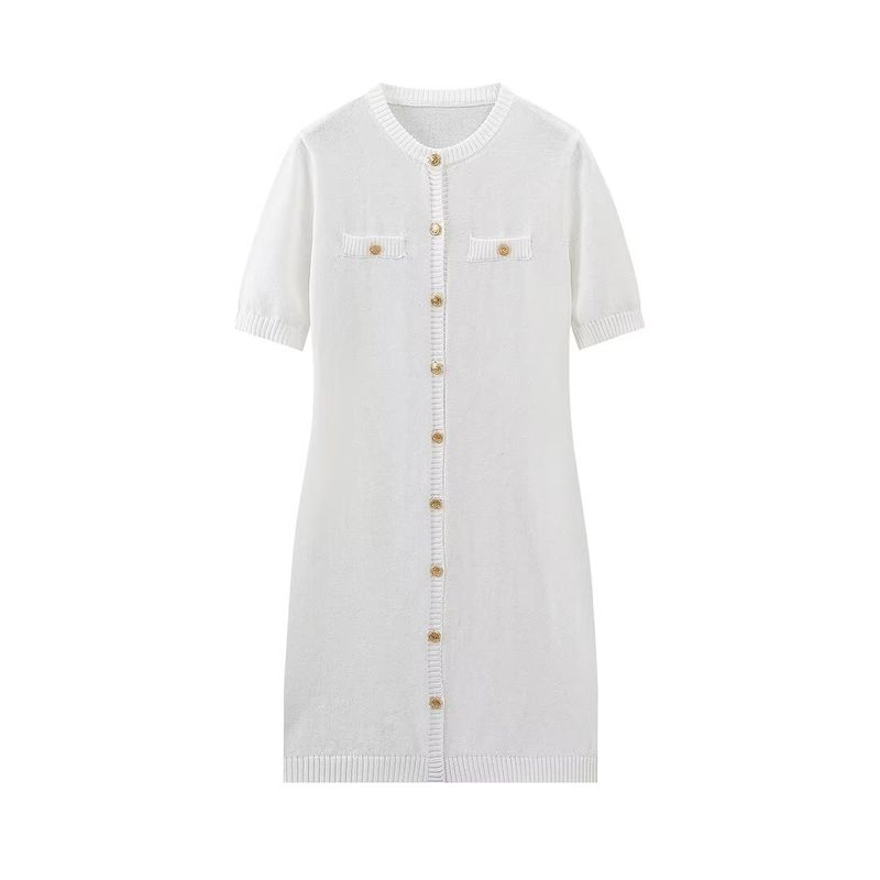 Kaslead New Arrival Women's Clothing Fashion Style Fashion Minimalist Two-Color Knitting Short Sleeve Button Dress Sweater