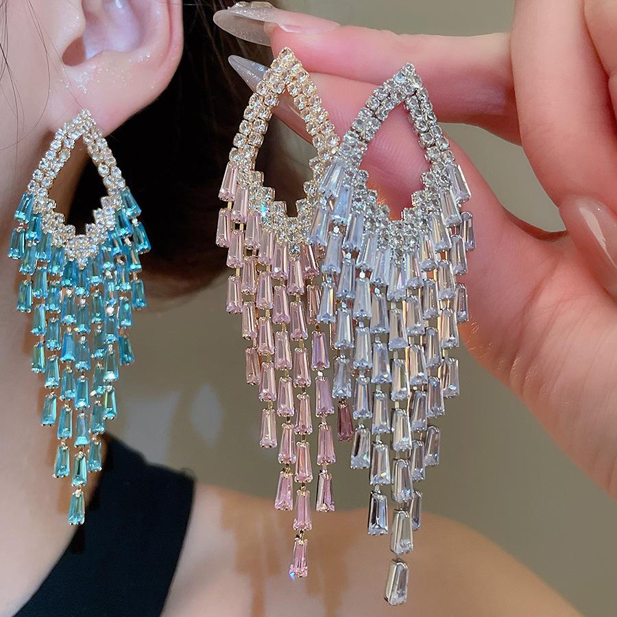 French Court Style Silver Needle Zircon Rectangular Earrings Exquisite Light Luxury High-end Stud Earrings Exaggerated Earrings Women