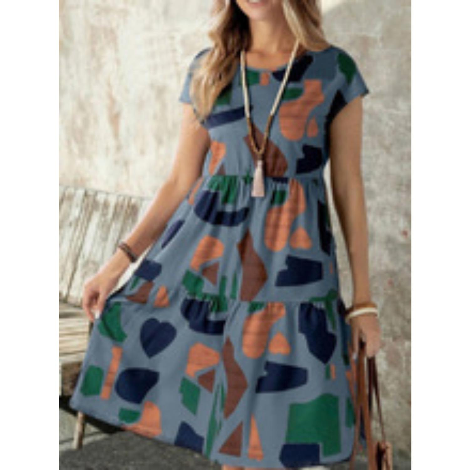 

2025 Новое женское модное элегантное платье весна-лето с принтом, тонкая талия, тренд, свободное и удобное платье XXL тёмно-синий