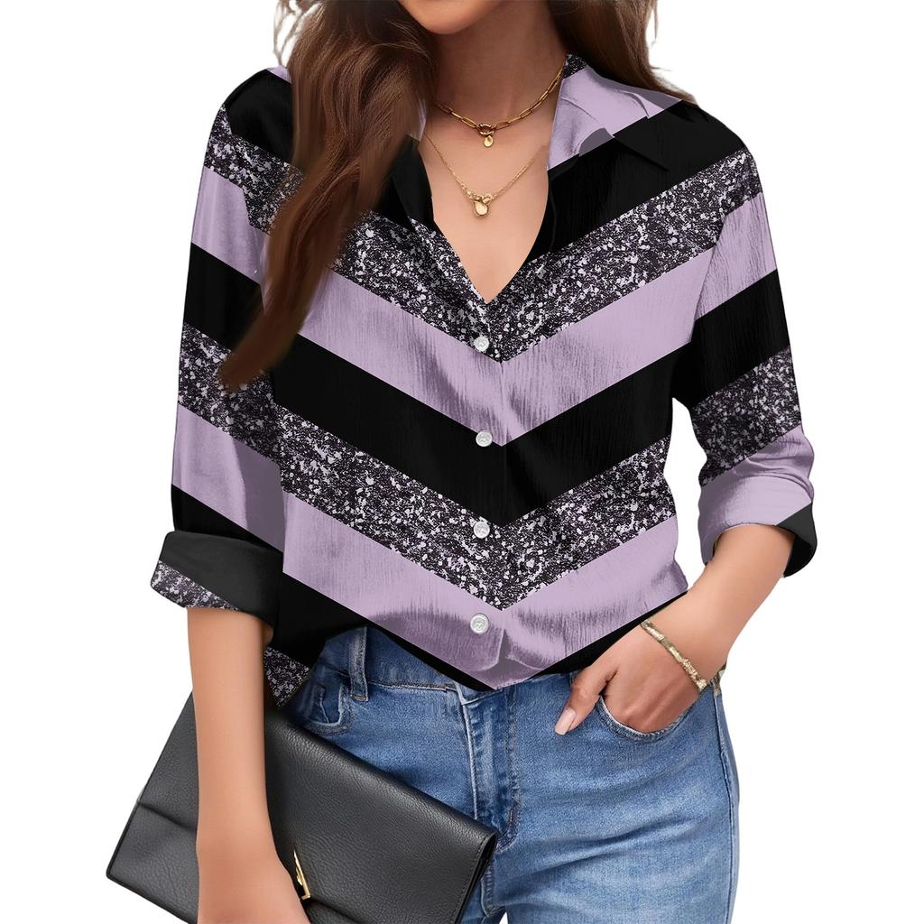 Women's Fashionable Casual Loose Geometric Patchwork Print Long-sleeved Shirt