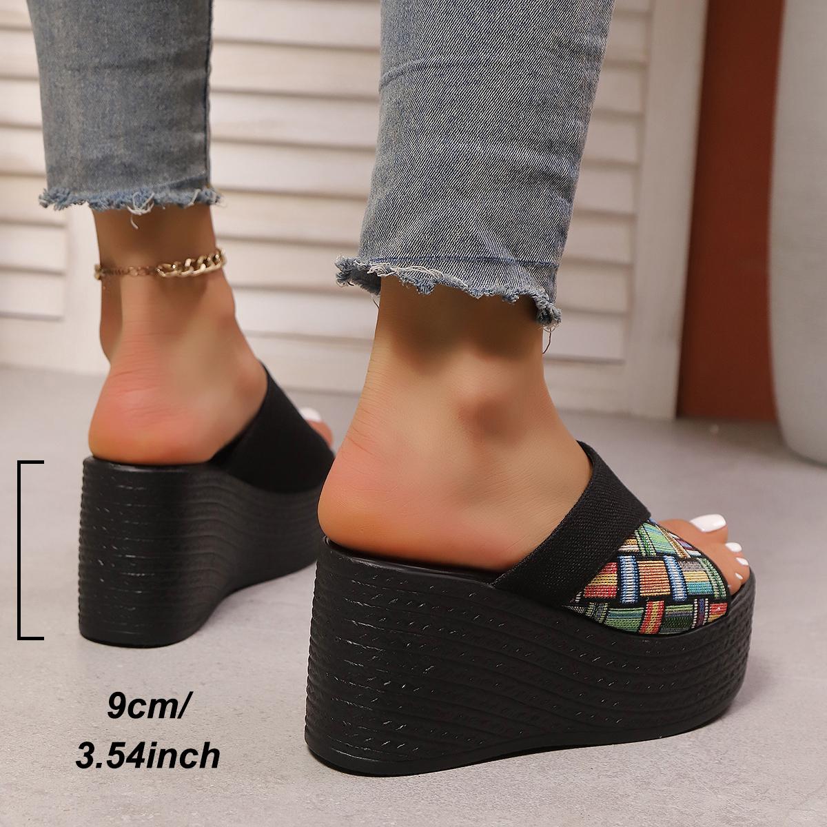

Fashion Patchwork Chunky Women s Fashionable Plaid Slippers 2025 New Wedge Heel Sandals Women Summer Thick Bottom Beach Zapatos De Mujer 43