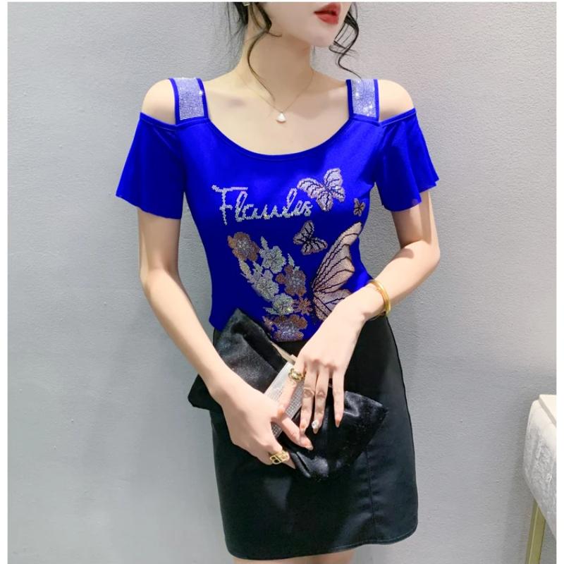 Fashion Women’s Mesh Bling Butterfly T-Shirt Clothes Sexy Off Shoulder Luxury Hot Diamonds Tops Summer Short Sleeve Female Tees Blouse