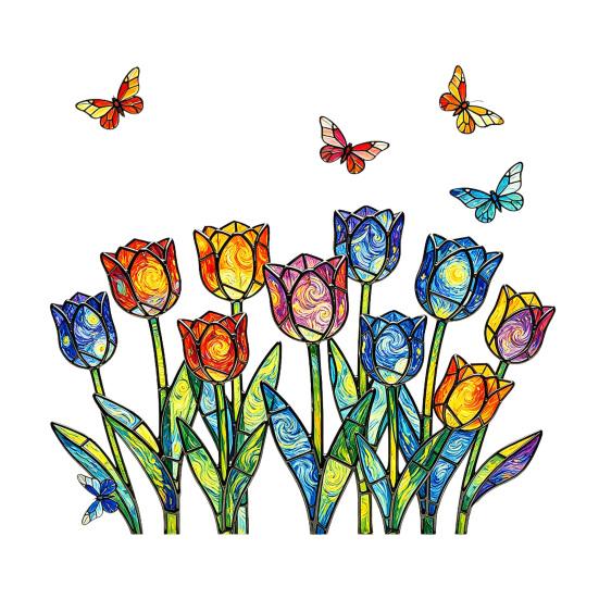 Spring Summer Tulip Window Clings Stained Glass Style Floral Butterflies Window Sticker Double-Side Glass