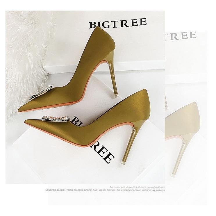 Damskie ultrawysokie obcasy na wysokim obcasie, jedwabne szpiczaste płytkie usta, pojedyncze buty z diamentową klamrą