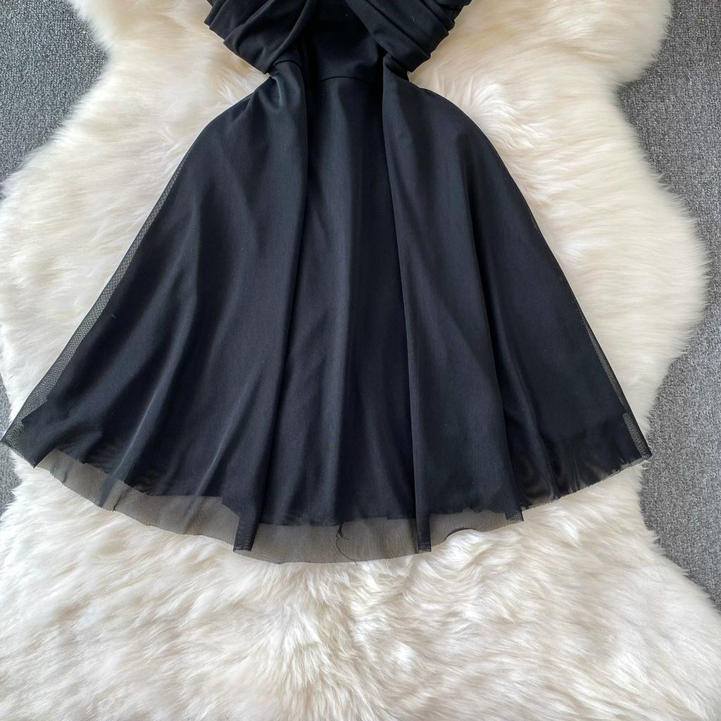Vestido Mini Bustier Sexy de Malla sin Tirantes para Mujer, sin Mangas, con Pedrería, Espalda Descubierta, Estilizador, Cruzado, Corto