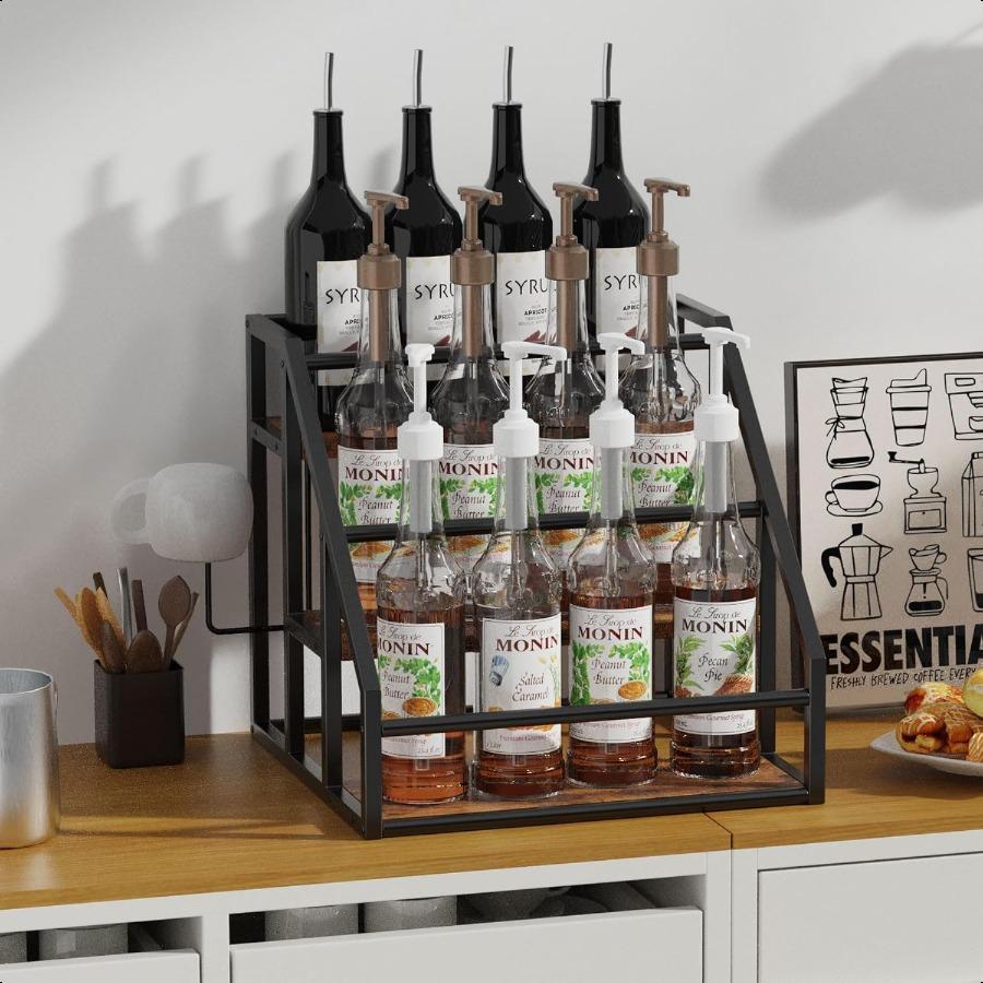 Spice Rack Organizer 3 Tier Countertop Storage Shelves Kitchen Storage Syrup Bottle Stand Holder for Wine Liquor Kitchen Coffee