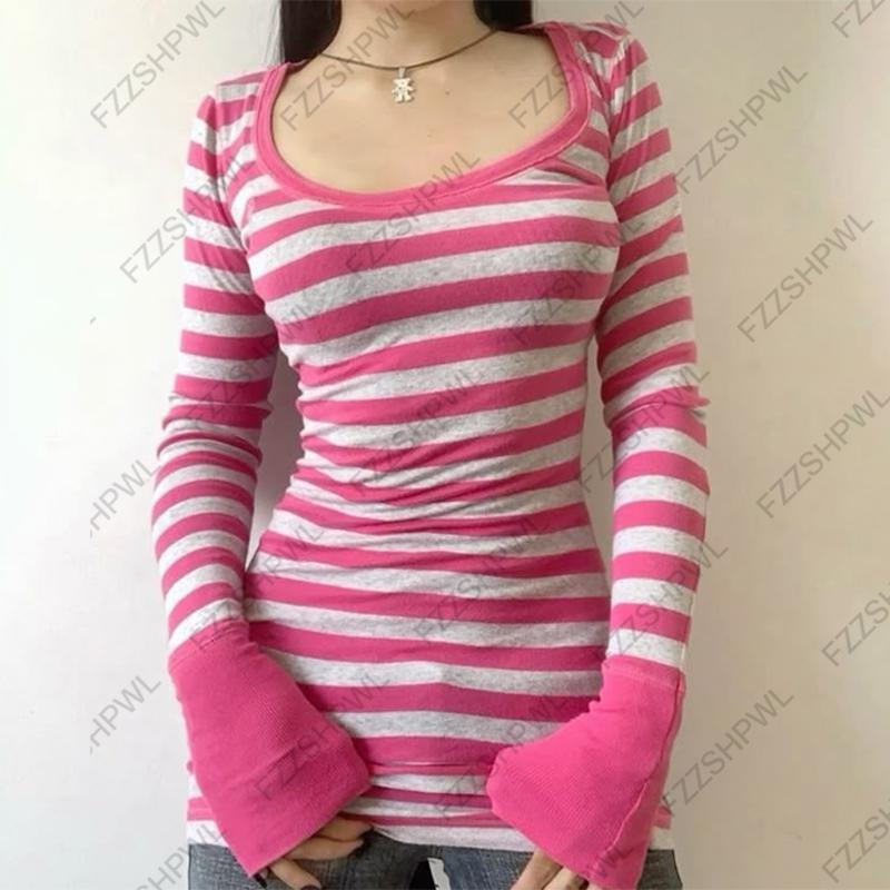 2KWEIRD Women's Knitted Pink Striped T-shirt Spring and Autumn New Long Sleeve Casuals Sexy Fashion Slim Crop Tops Versatile Street Wear