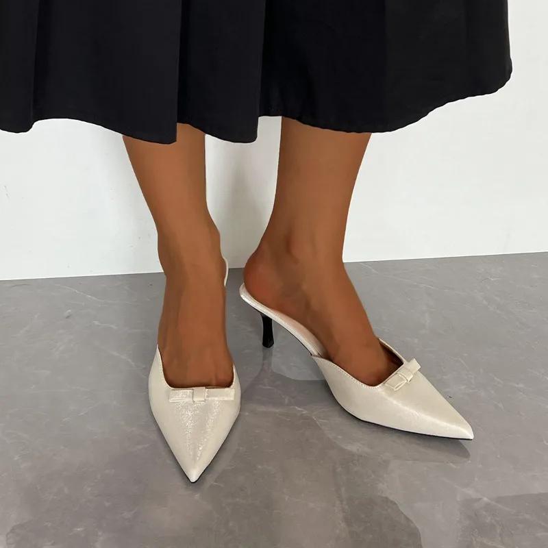 Fashion Women's Medium Heel Slippers Leopord Pointed Toe Thin Heels Shoes Women Dress Cover Toe Fashion Sexy Summer Zapatillas De Mujer