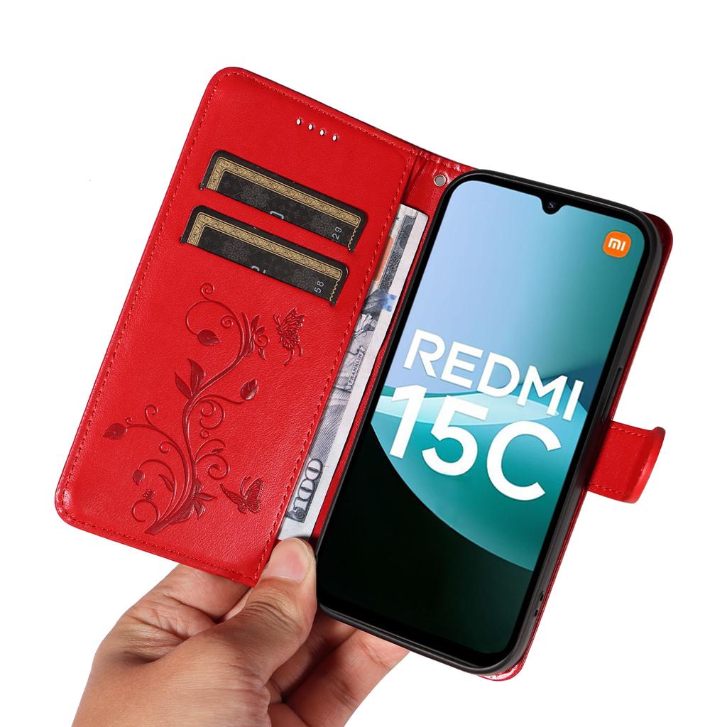 Pro Xiaomi Redmi 15C 5G (EU) (173 mm)/15C 4G (EU) (173 mm) Pouzdra z PU kůže s květinovým vzorem, peněženka, stojánek, kryt na telefon s poutkem