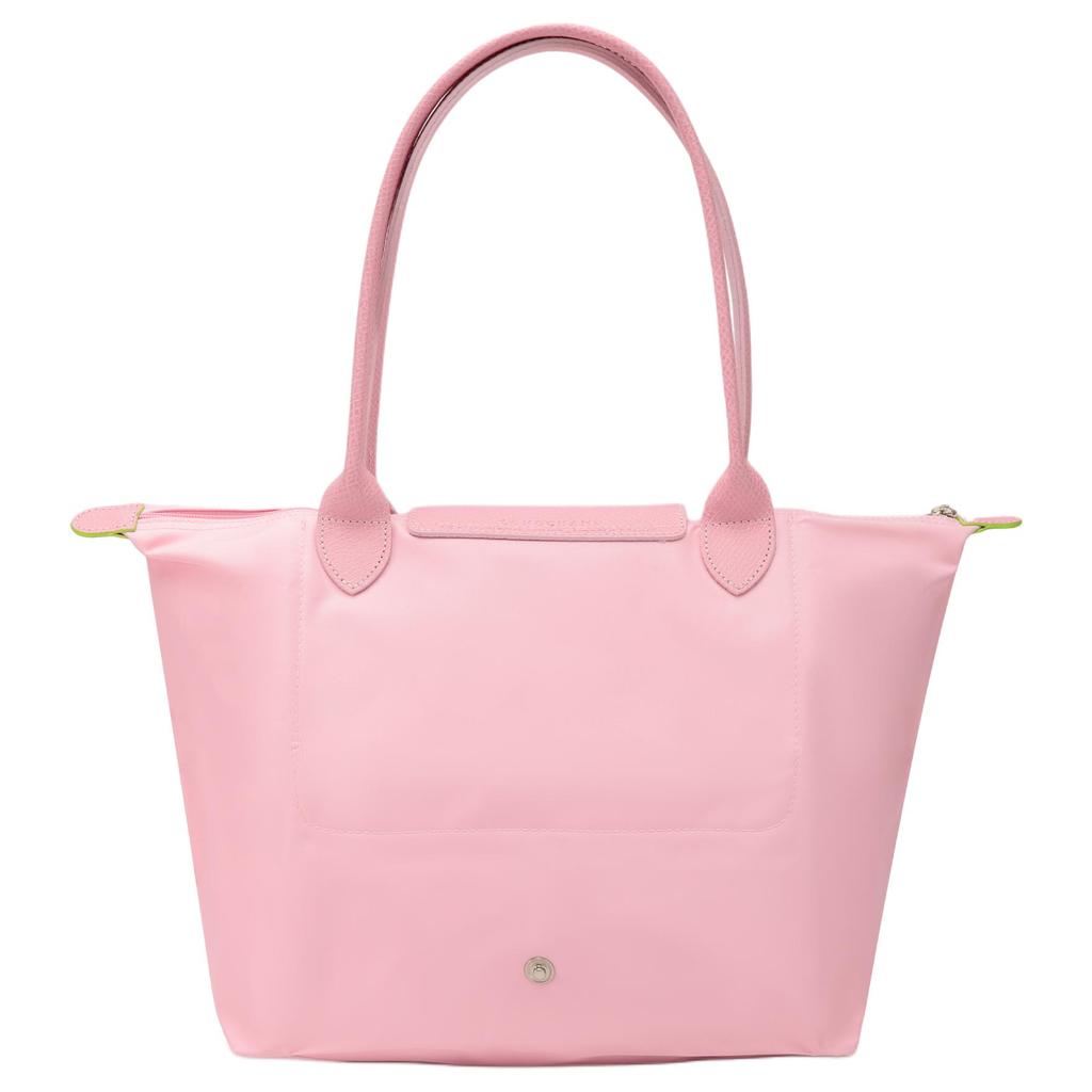 Longchamp Le Pliage Green Effen Kleur Geborduurd Logo Ritssluiting Drukknop Leer Tote Boodschappentas Handvat Schouderband Medium 2605919P75