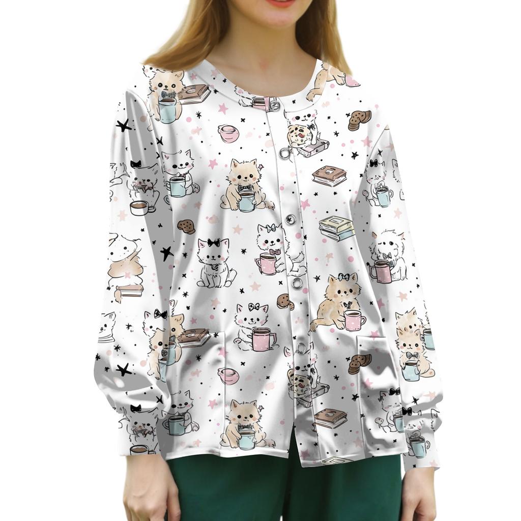 Women's Print Scrub Top - Long Sleeve Single Button Casual Uniform Top for Nurses, Caregivers, and