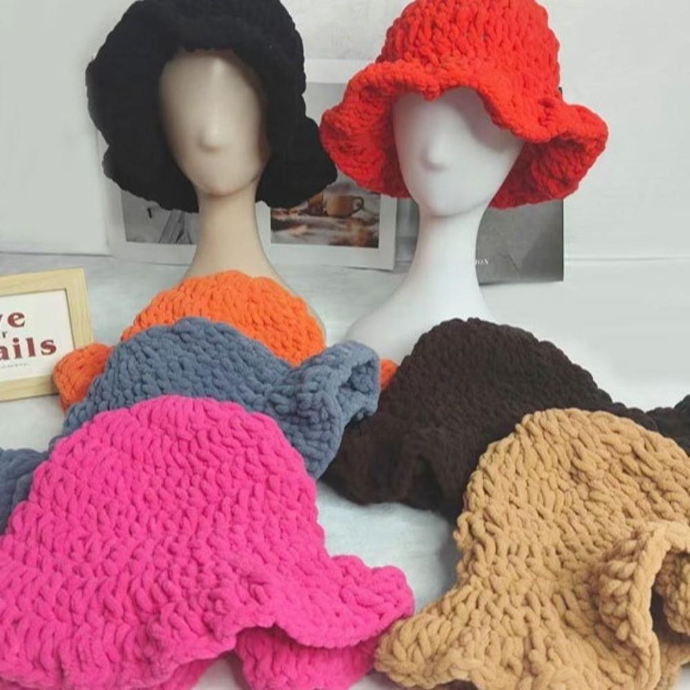 Sweet Ruffled Edge Fisherman Hat Cable Knit Winter Warm Bucket Hat Windproof Knitted Beanie  Women