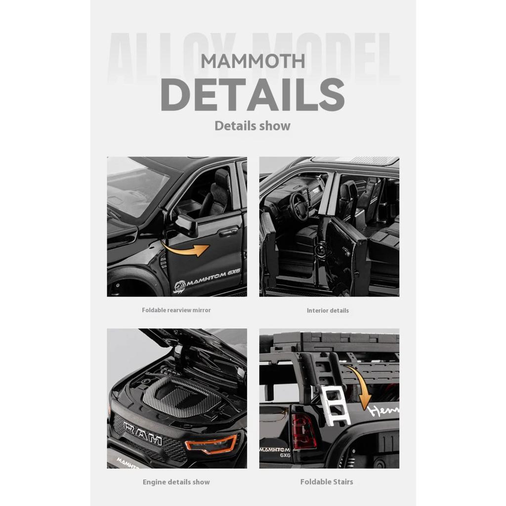 Large Size 1/24 Dodge Mammoth 6X6 Off-road Pickup Truck Children's Toy Car Simulation Alloy Car Model Ornament Boy Gift