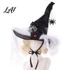 Dark Style Gift for Women Halloween Witch Hat Women Gothic Spider Web Mesh Skeleton Hand Pleated Lace Wizard Rose Flower Costume Cosplay Party