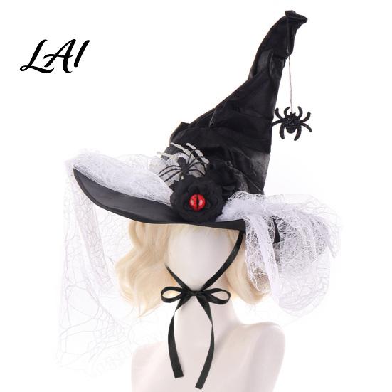 Dark Style Gift for Women Halloween Witch Hat Women Gothic Spider Web Mesh Skeleton Hand Pleated Lace Wizard Rose Flower Costume Cosplay Party