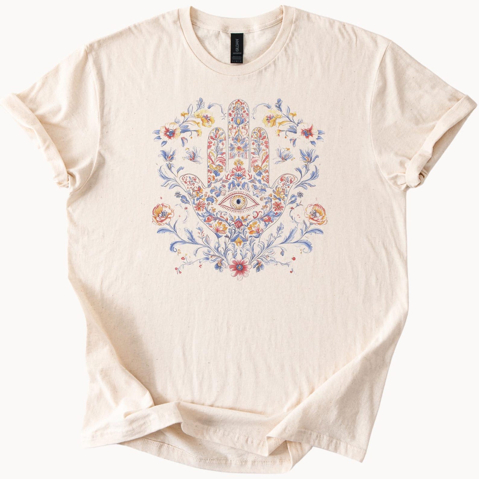 Hamsa Hand Eye Floral Graphic T-Shirt Natural Cotton Tee Spiritual Boho Shirt 160