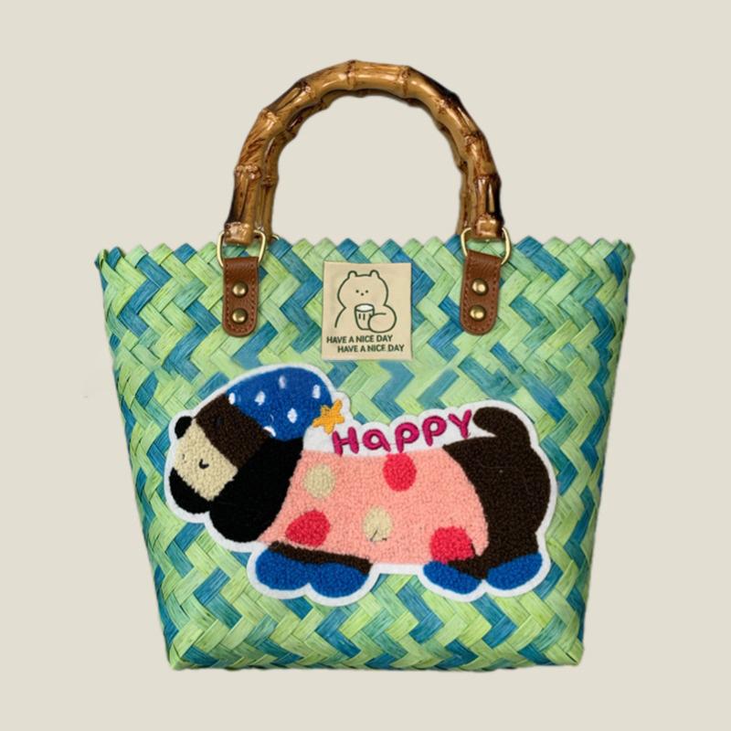 Retro Striped Dachshund Dog Woven Bag Trendy Cute Handbag Large Capacity Tote Bag  Bamboo Handle Vegetable Basket Bag